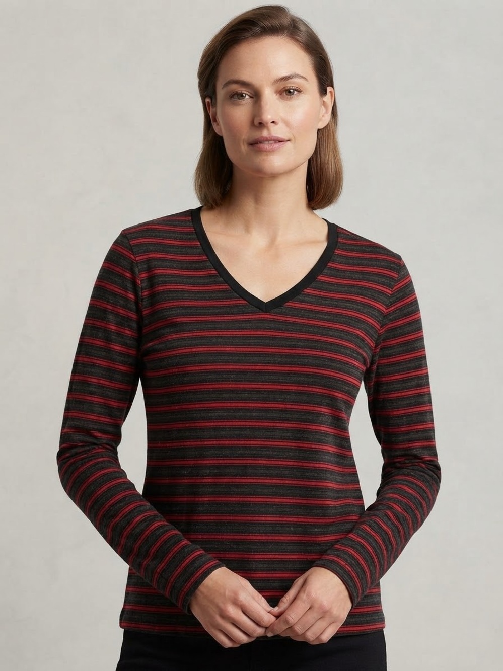 VINTAGE Ralph Lauren Polo Jeans Co. Striped V-Neck Long Sleeve Tee in Red Black